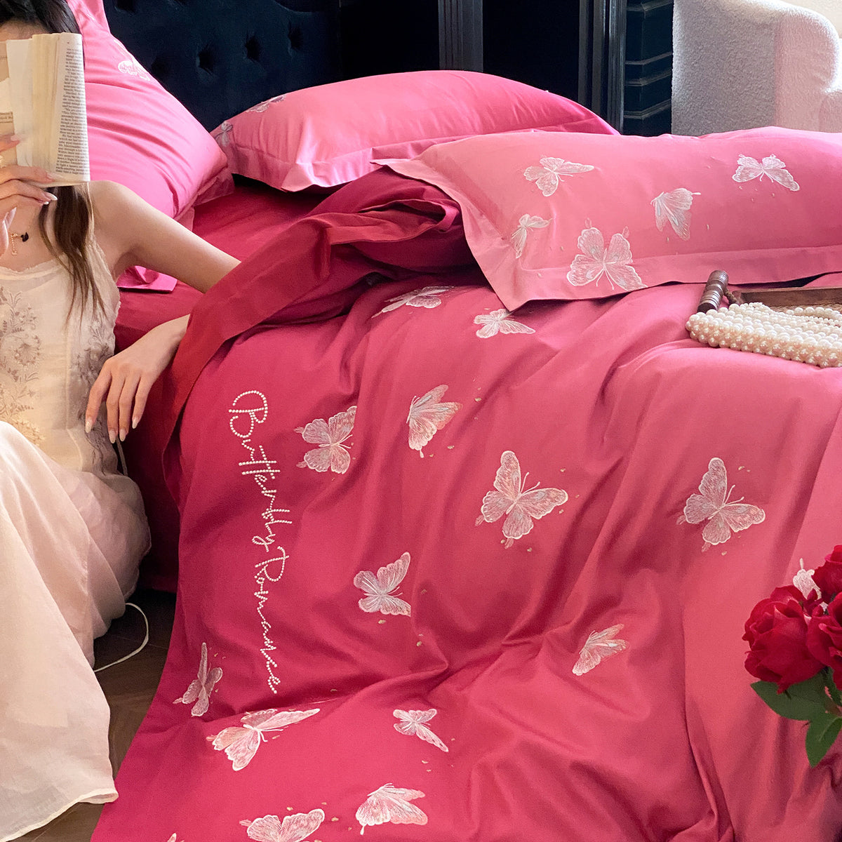 Luxus-Satin-Bettwäscheset mit bestickten Schmetterlingsapplikationen Brehn