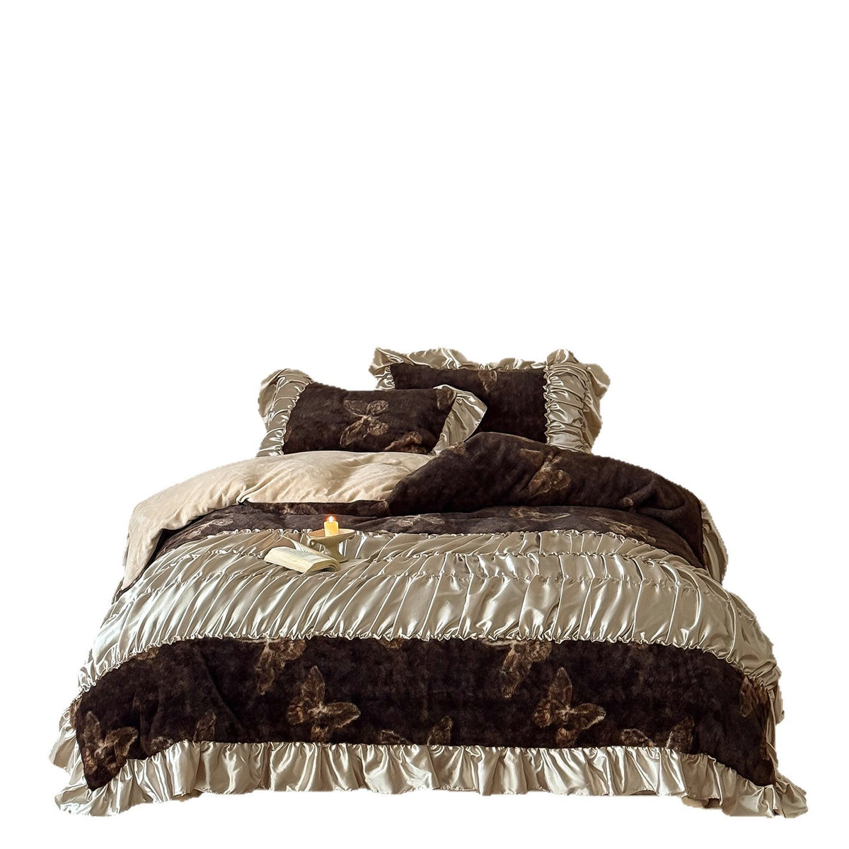 Luxuriöses Bettwäsche-Set mit Schmetterlingsmuster, Satin-Rüschen und gesteppter Decke Brehn