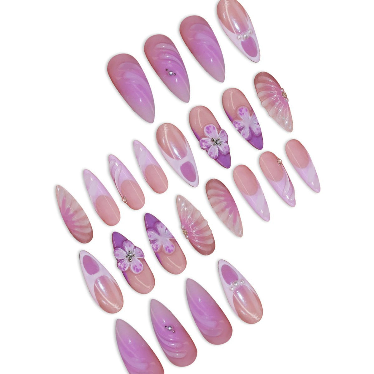 Künstlerische Stiletto Press-On Nagelkunst mit floralen und Edelstein-Akzenten Brehn