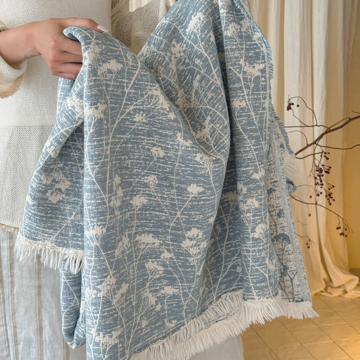 Florales Jacquard Baumwollwurf mit Fransenrädern