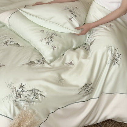 Besticktes botanisches Satin-Bettbezug-Set mit gewelltem Rand und tiefen Ecken