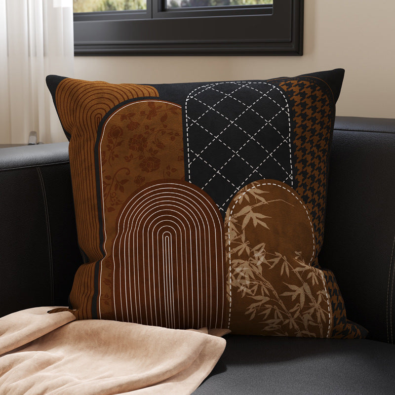 Decorative Patchwork Velvet Throw Pillow Cover with Asian-Inspired Scenic Panels and Metallic Gold Accents