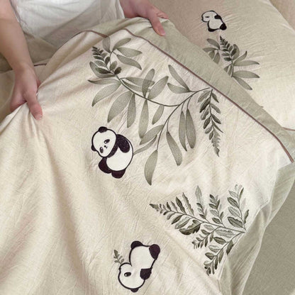 Bestickte Panda- und Botanische Baumwoll-Leinen Bettdeckenbezug Set mit Umschlag-Kissenbezüge