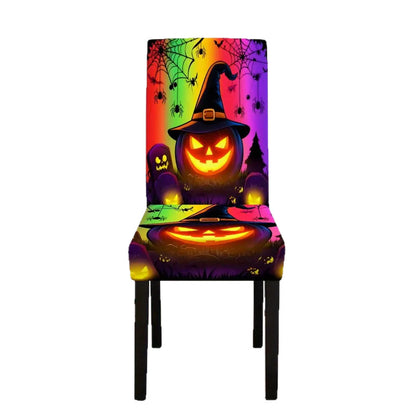 Elastische Stretch-Stuhlhusse für hohe Rückenlehnen mit detailreichem Halloween-Kürbis-Print