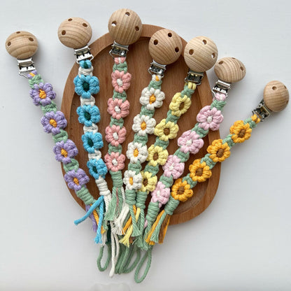 Makramee Blumen Schnullerclip mit Holz-Sicherheitsklammer