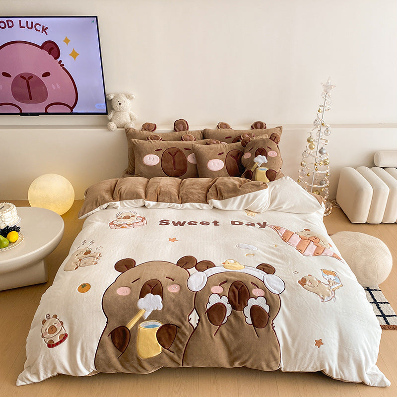 Flauschige Bettwäsche-Garnitur mit gesteppter Kuscheloberfläche, 3D-Teddy-Applikationen und wärmender Microfaserfüllung Brehn