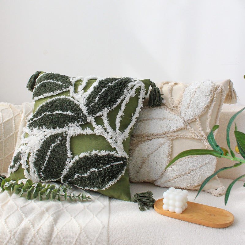 Quadratischer Kissenbezug mit reliefiertem Blatt‑Tufting und Chenille‑Applikation Brehn