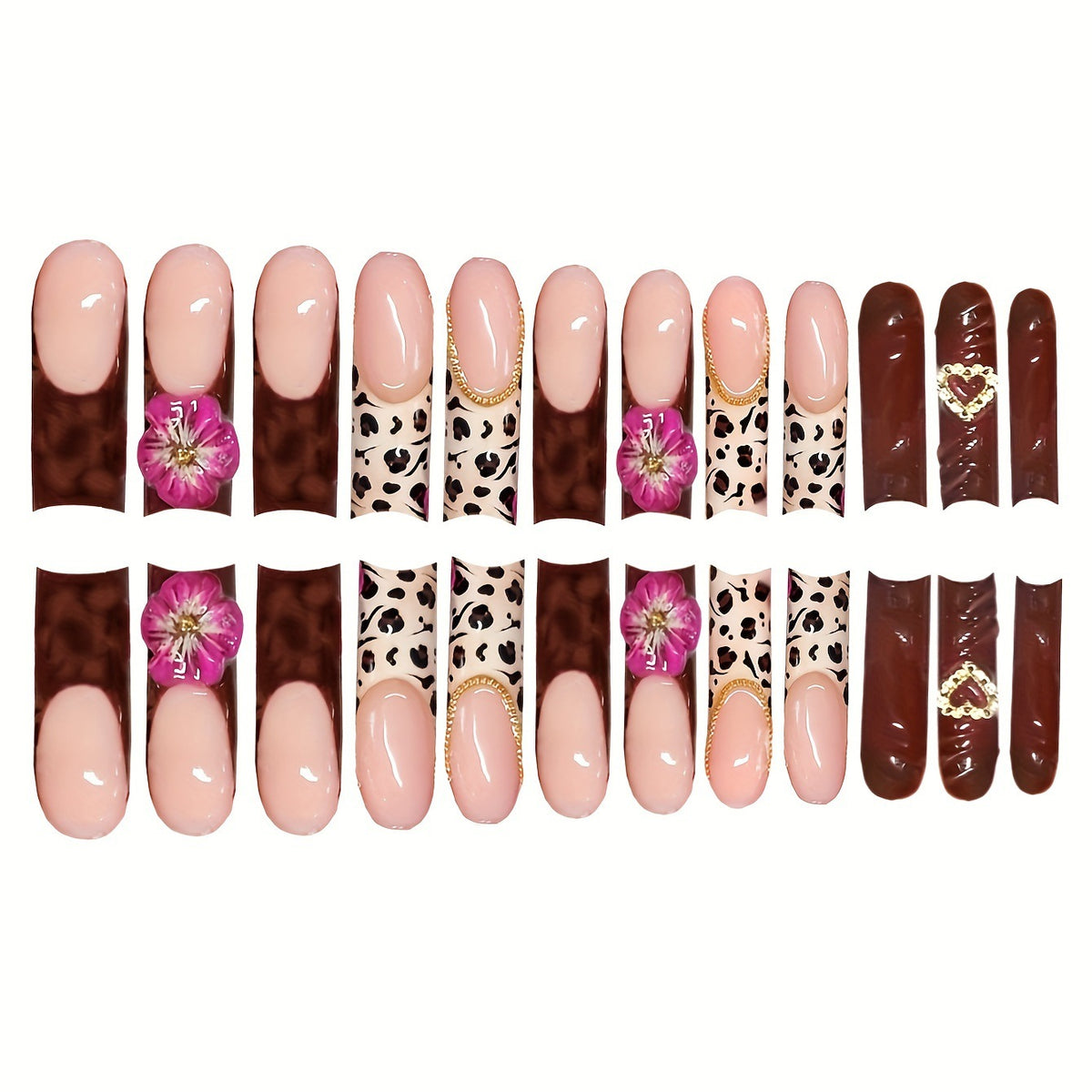 Dekorative Lange Acryl Drucknagelkunst mit Floral- und Leopardenmustern Brehn