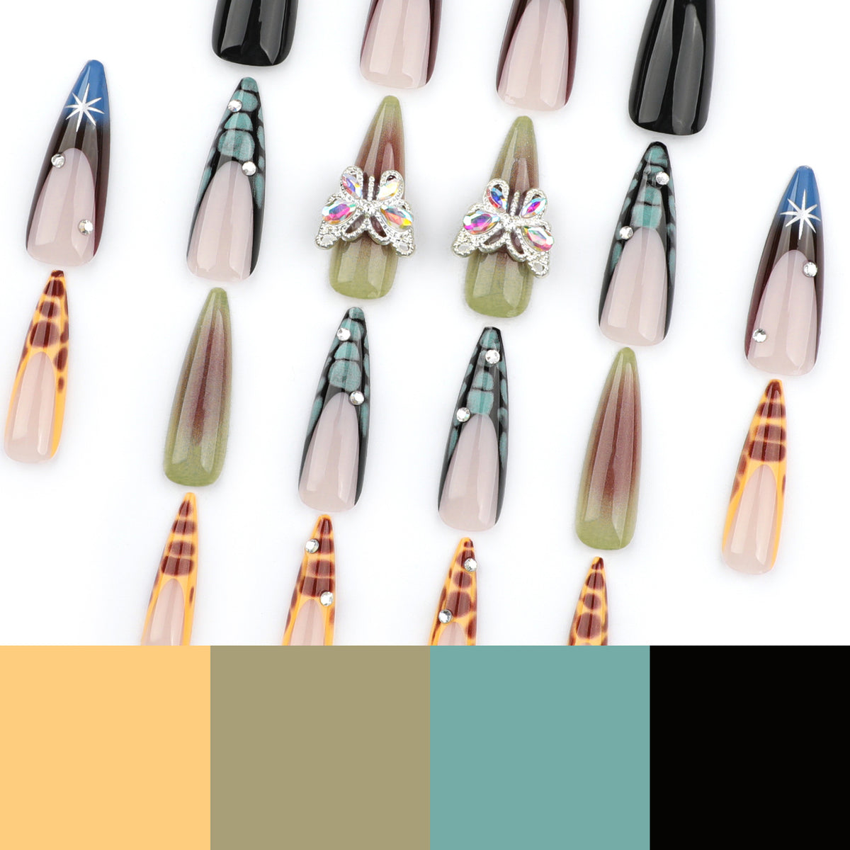 Kunstvolle Nagelverlängerungen mit eleganten Designs und Glitzer Brehn