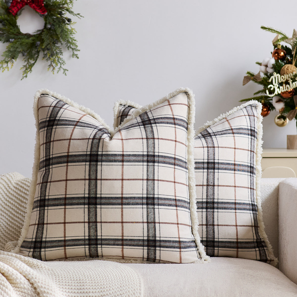 Plaid Sherpa-Trim Quadrat Dekorative Wurfkissenbezug