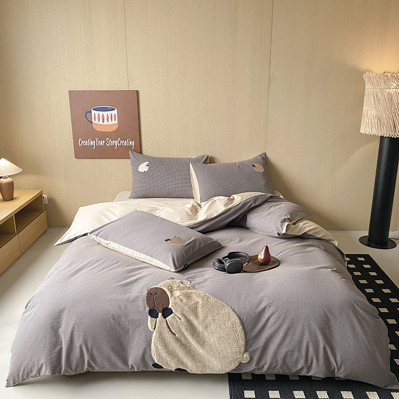 Wendbare Mikrofaser Bettbezug-Set mit plüschgesticktem Otter-Applikation und weichem kühlendem Stoff