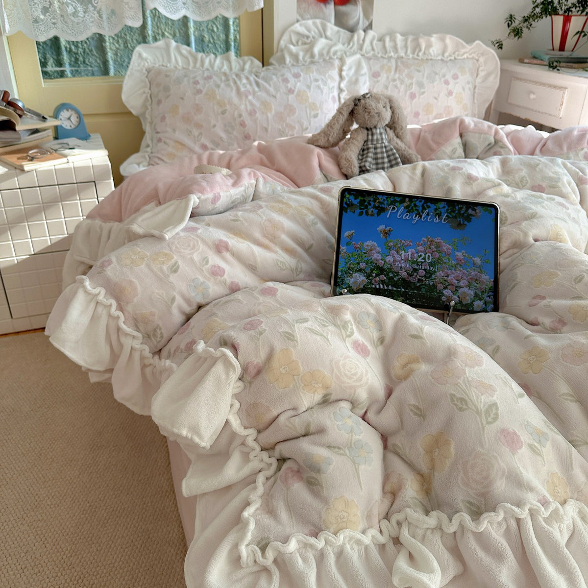 Plüsch Rüschen Gänseblümchen Fleece Bettdecke mit Box-Quilt Konstruktion