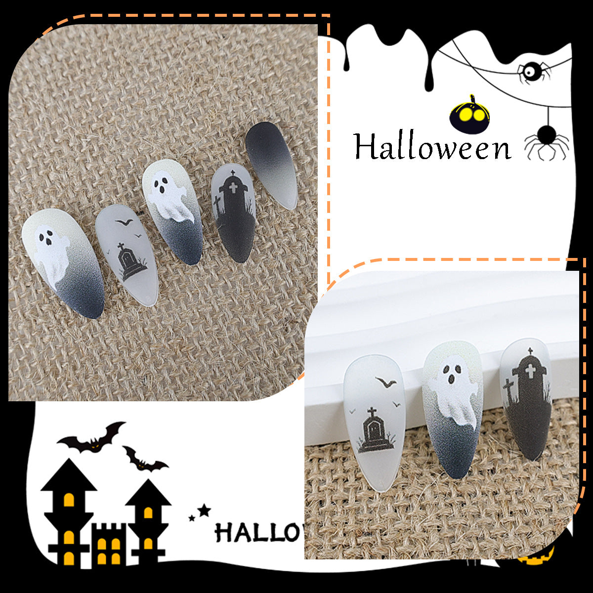 Halloween Kunstnagelset mit gruseligen Geister- und Spinnenmotiven Brehn