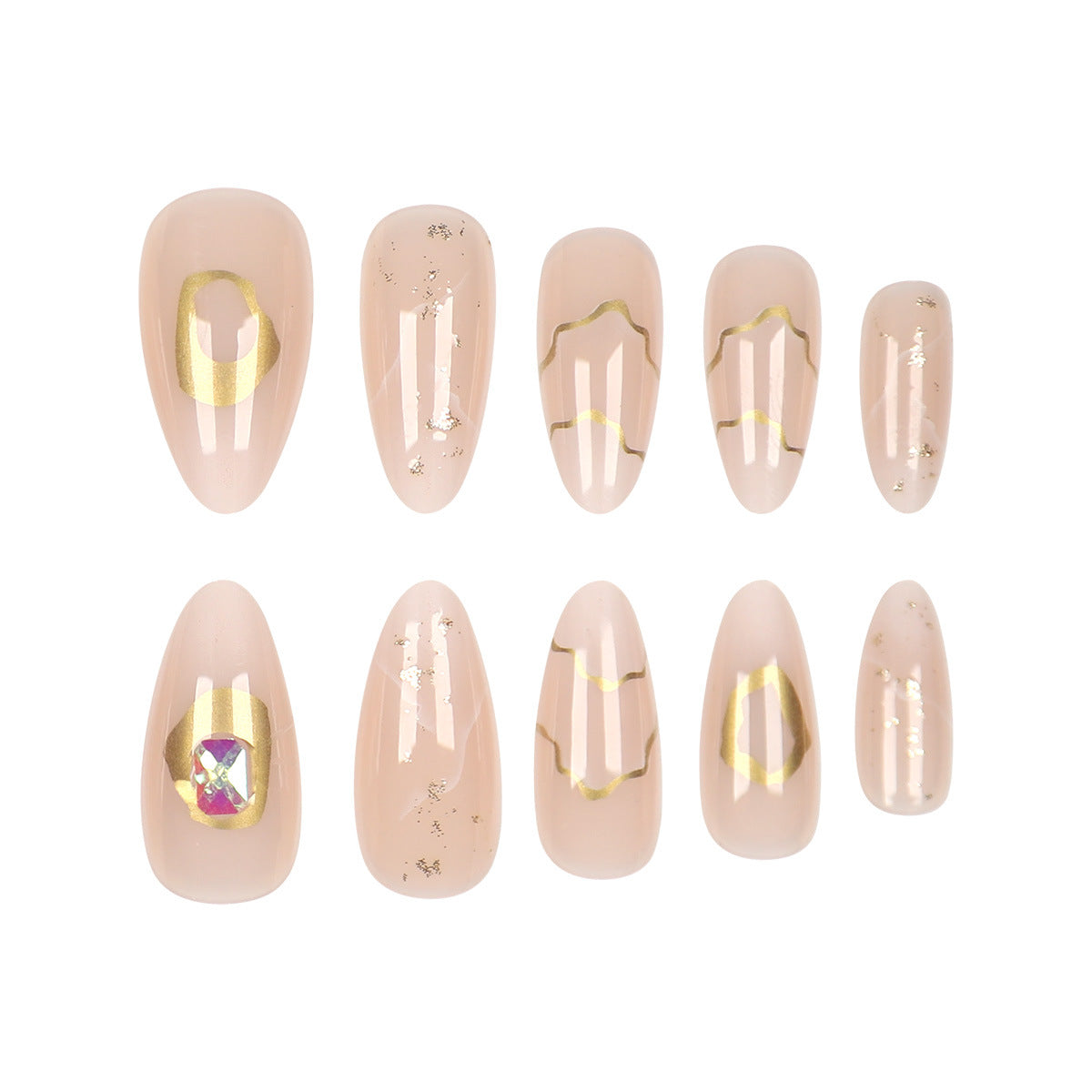 Elegantes Stiletto Druck-Nagelset mit goldenen Akzenten Brehn