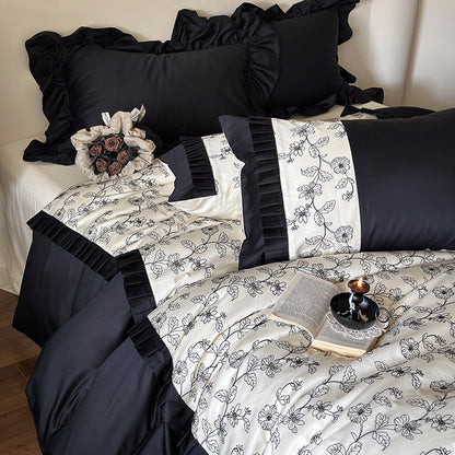 Luxuriöses Baumwoll-Satin Bettwäsche-Set mit Rüschen und zarter Blumenstickerei
