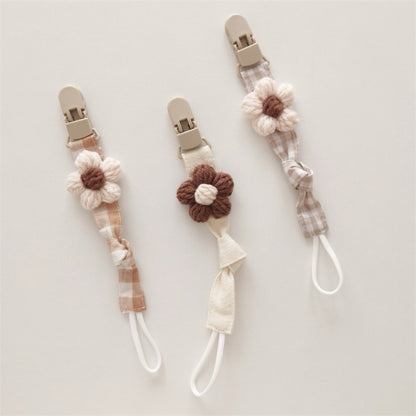 Bio-Baumwolle Schnuller-Leine mit Schnellverschluss-Clip und handgestrickter Blume