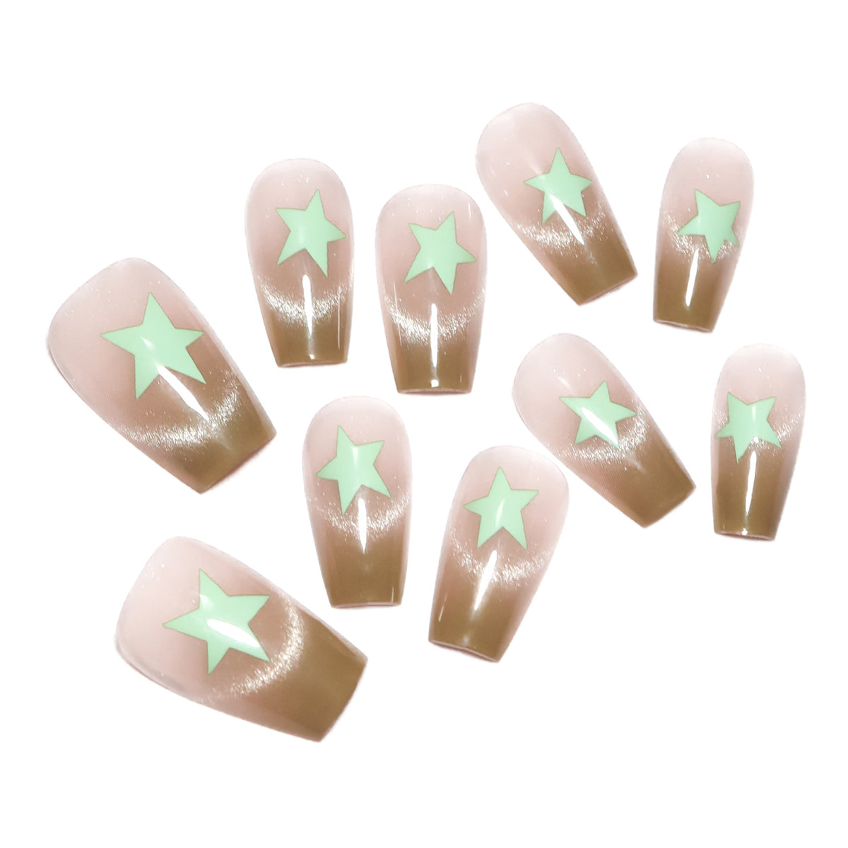 Künstliche Nagelverlängerungen mit Shimmer-Effekt und Sternenmotiven Brehn