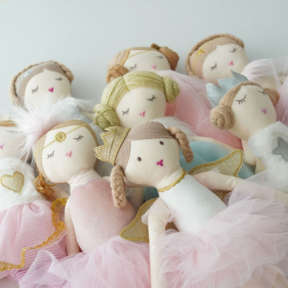 Handgemachte Plüsch-Prinzessin-Wollpuppe mit Tüllrock und langen gestreiften Beinen