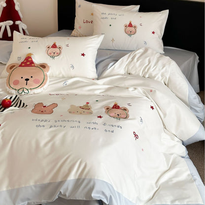 Bettwäsche-Set mit niedlichem Party-Bärenmotiv aus Baumwollsatin