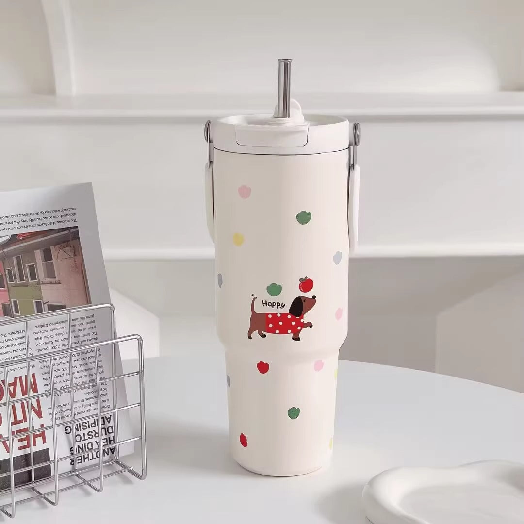 Damen Trinkbecher mit lustigem Motiv und integriertem Strohhalm Brehn
