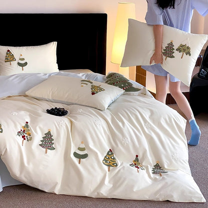 Bestickte Weihnachtsbaum Baumwollsatin Bettbezug Set