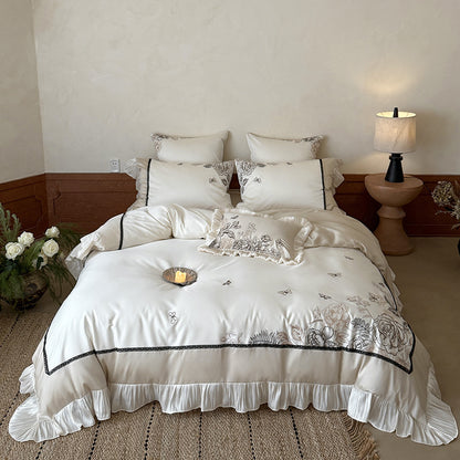 Luxuriös bestickter Rüschensatin Bettwäsche Set
