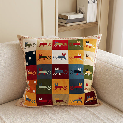 Square Decorative Throw Pillow Cover with Colorful Geometric Cat Motif and Piped Edge