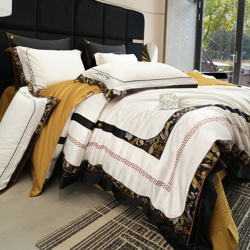 Luxuriöses Jacquard-Damaskus-Baumwollsatin-Bettbezug-Set mit Umschlag-Kissenbezügen