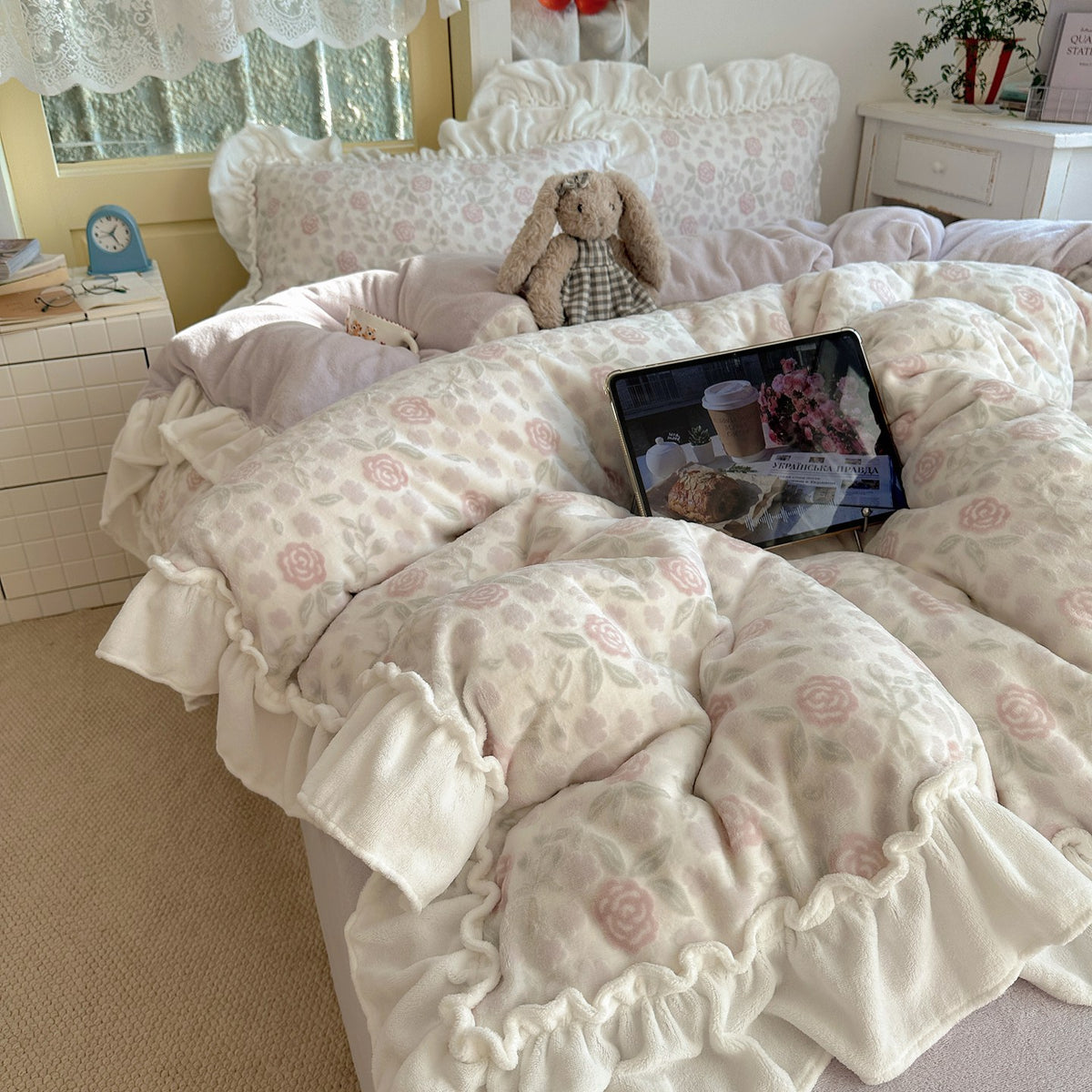 Plüsch Rüschen Gänseblümchen Fleece Bettdecke mit Box-Quilt Konstruktion