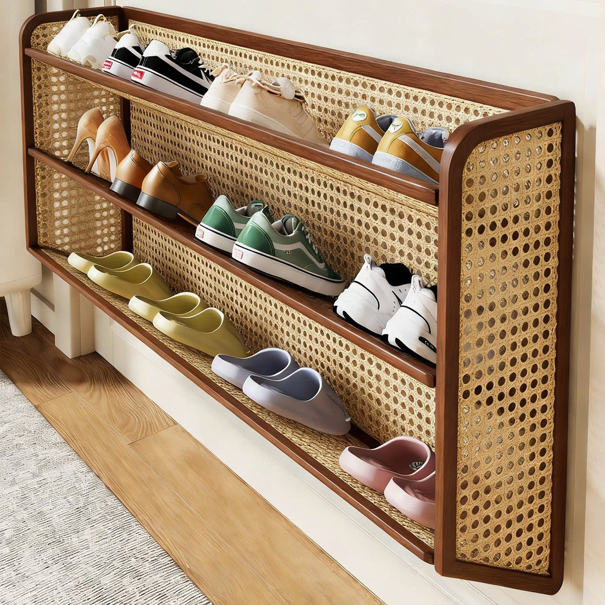 Wandmontierter Klappnetz-Schuhregal-Organizer für schlanke Eingänge