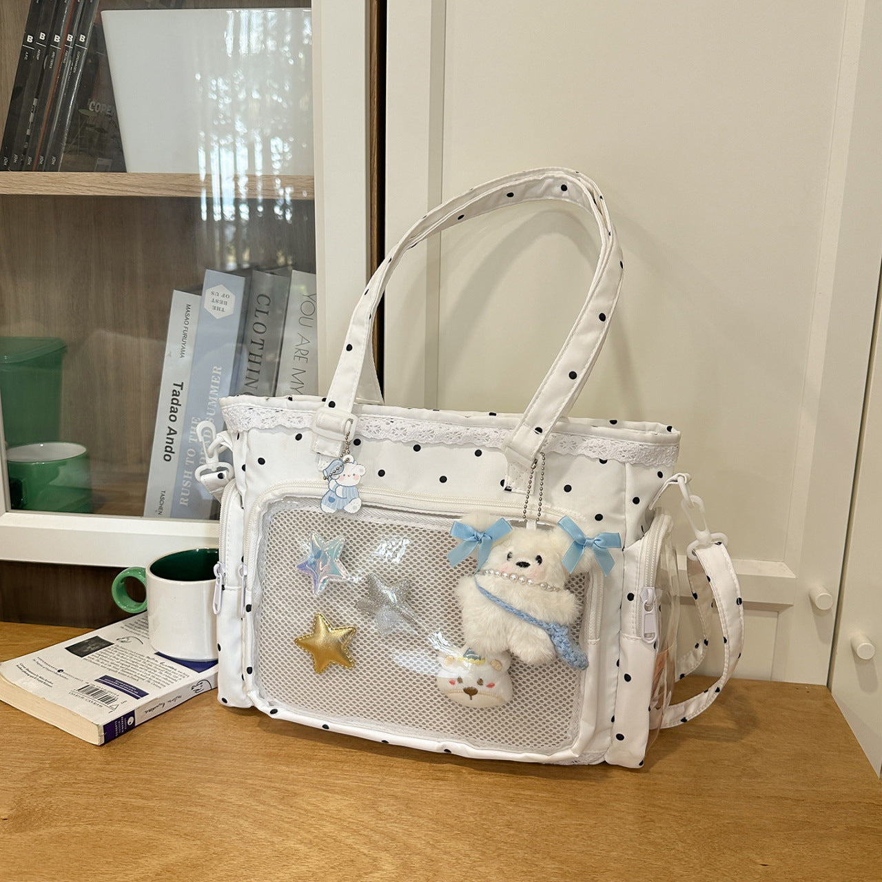 Handtasche mit Durchsichtiger Fächereinteilung und Verspieltem Applikationsdesign Brehn