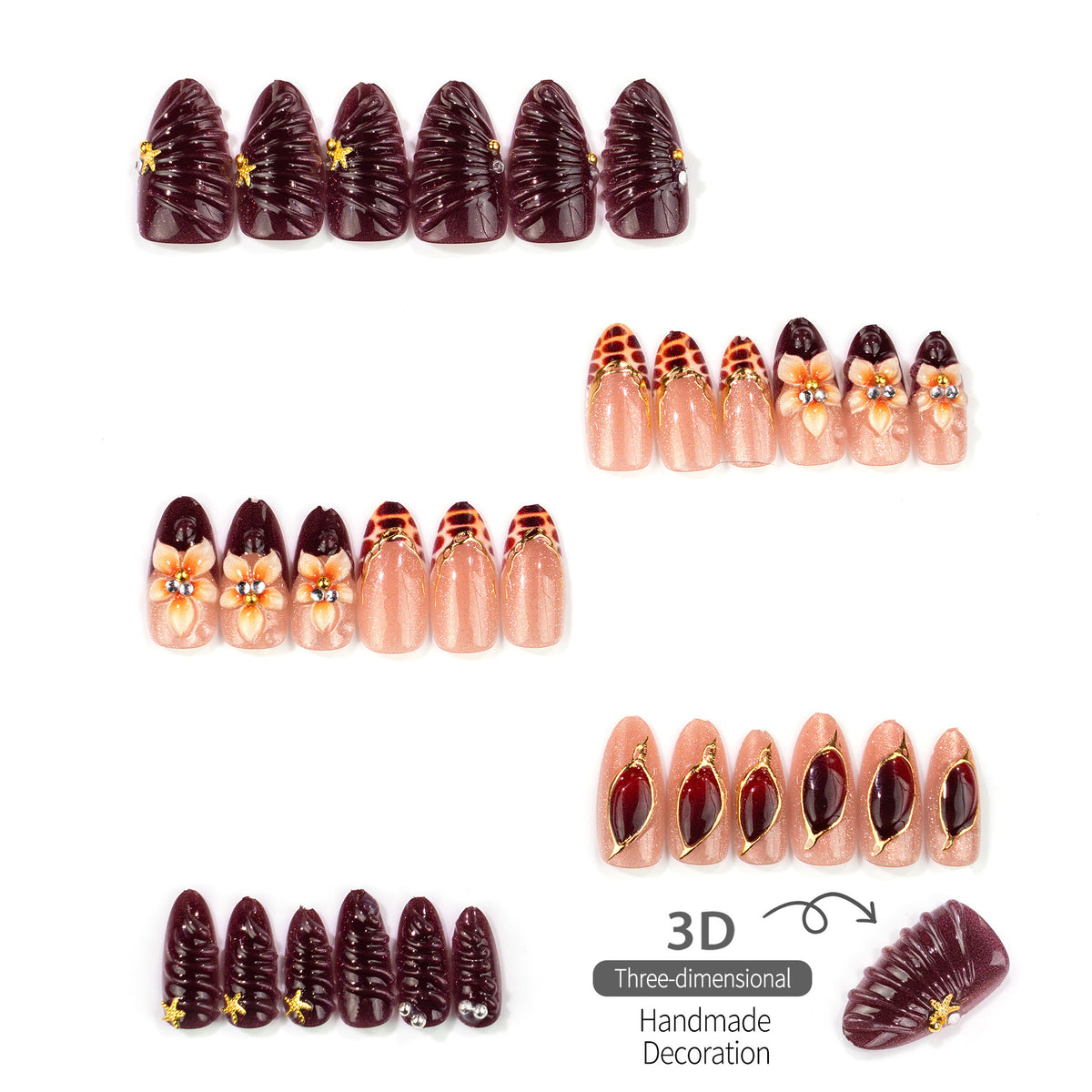 Elegante Blumen- und mit Juwelen geprägte Press-On-Nagelset