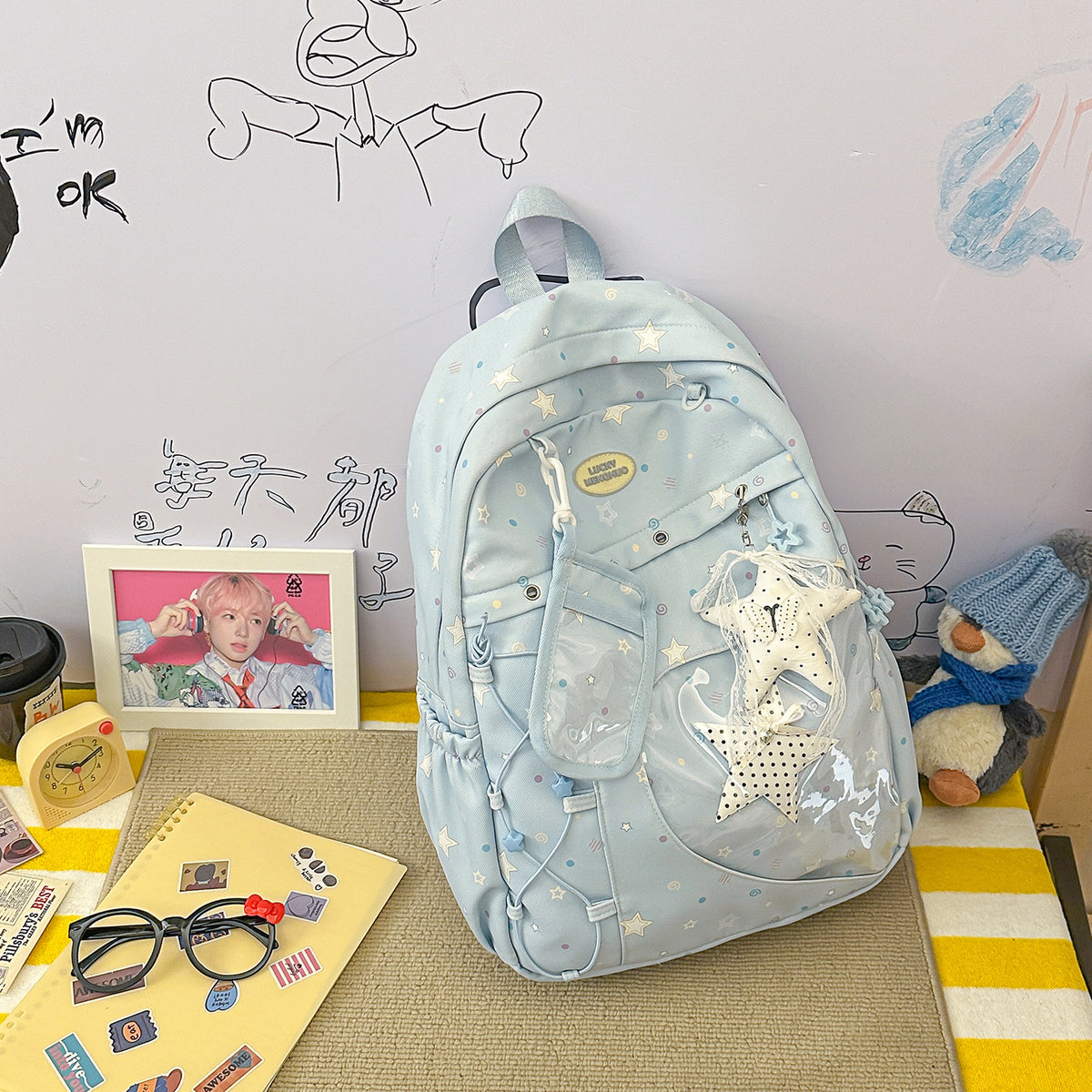 Stylische Multi-Taschen Stern-Applikation Rucksack Brehn
