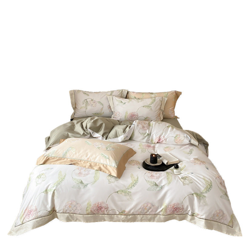 Luxuriöses Baumwollsatin-Bettwäsche-Set mit großflächigem Aquarell-Rosenmotiv und seidiger Haptik