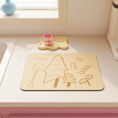 Non-Slip Heat-Resistant Kitchen Dish Drying Mat with Cute Tea Doodle Print