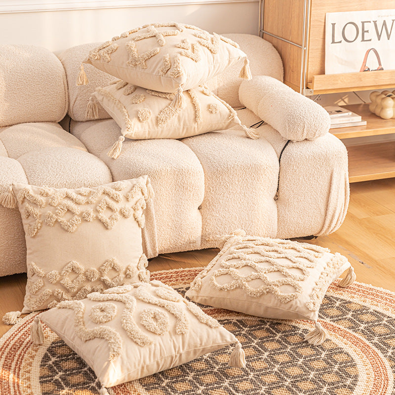 Texturiertes Tufted Boho Shag Akzent-Wurfkissen mit Quasten-Ecken und abnehmbarem Bezug