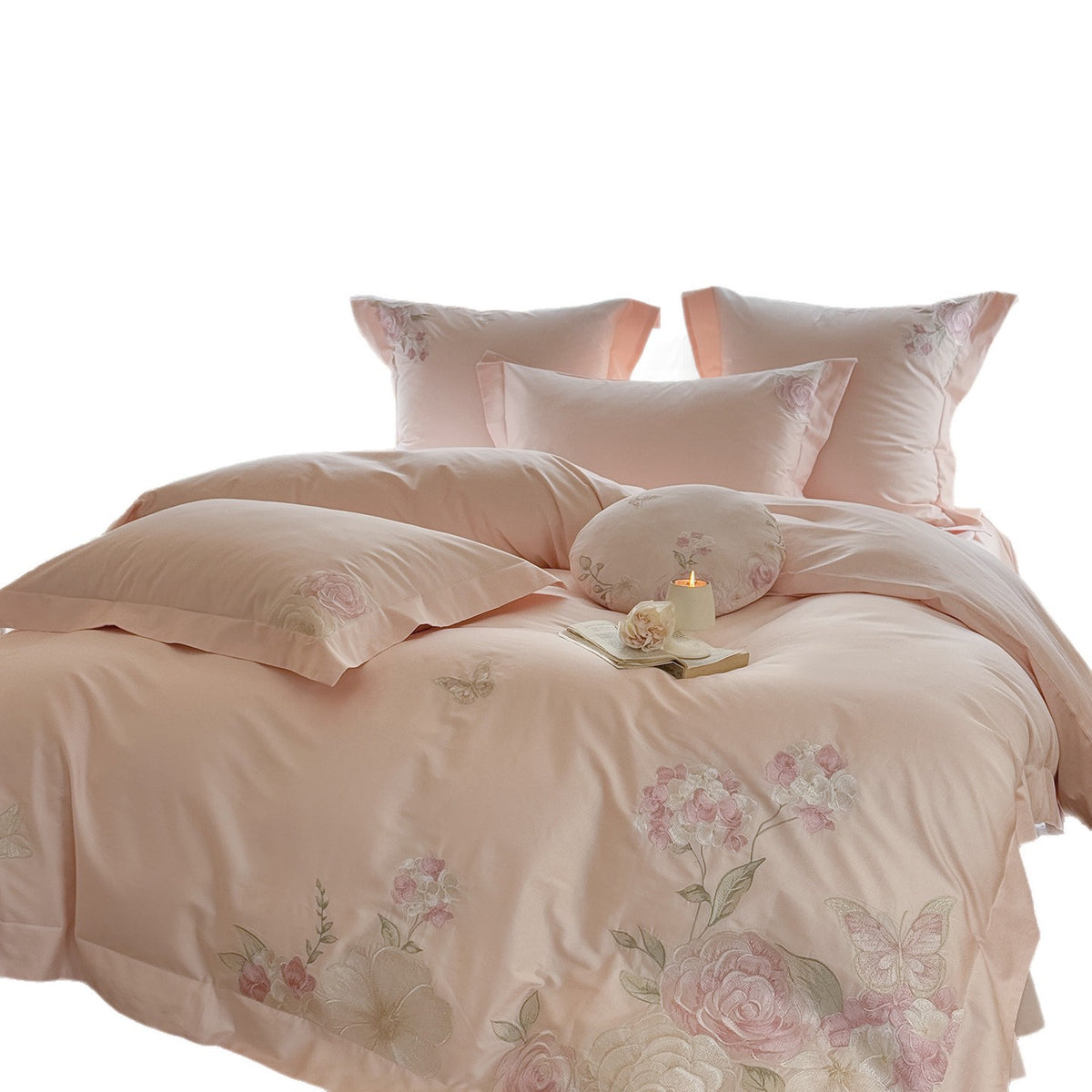 Florales besticktes Baumwollsatin Bettbezug Ensemble mit dekorativem Bolster und Kissenbezügen