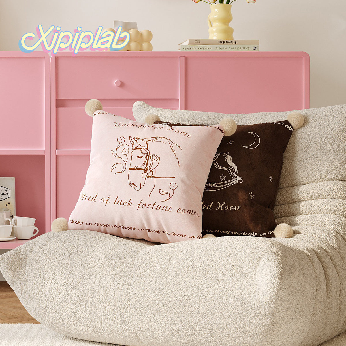 Velvet Pom-Pom Corner Decorative Throw Pillow Cover with Hand-Drawn Rocking Horse Motif