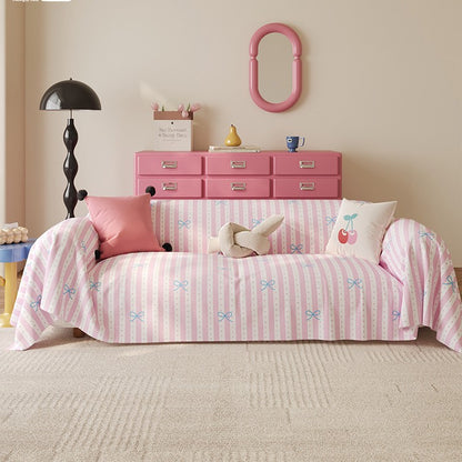 Striped Printed Stretch Sofa Slipcover with Bow Motif and Full-Cover Fit