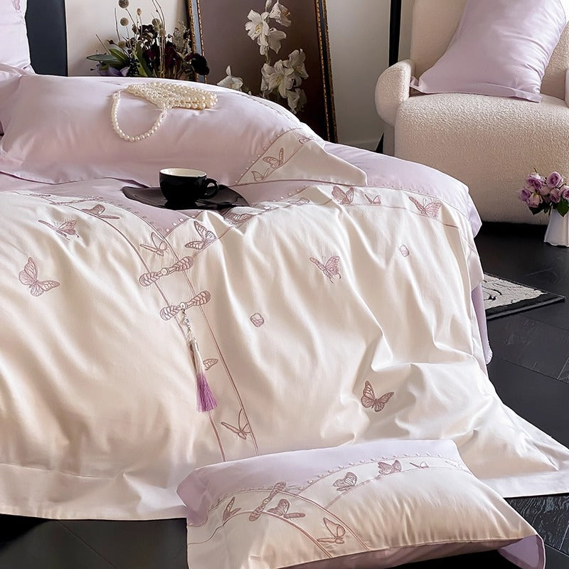 Schmetterlings-gestickter Satin-Feeling Baumwollsatin Bettbezug Set mit dekorativen Kissenbezügen
