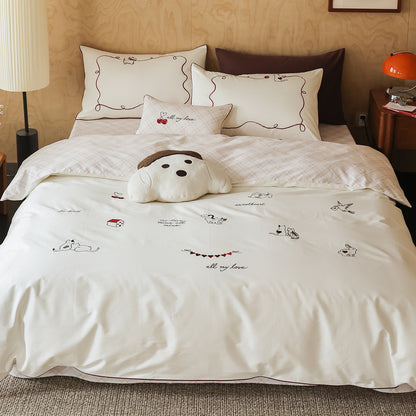 Bestickte Hund-Applikation Baumwolle Bettwäsche Set mit Wendbarem Gestreiftem Panel & Kissenbezügen