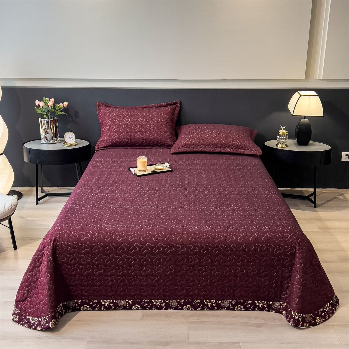 Gestepptes Bettwäsche- und Kissenbezug-Set mit Wellenstich und leichtem Mikrofasermaterial