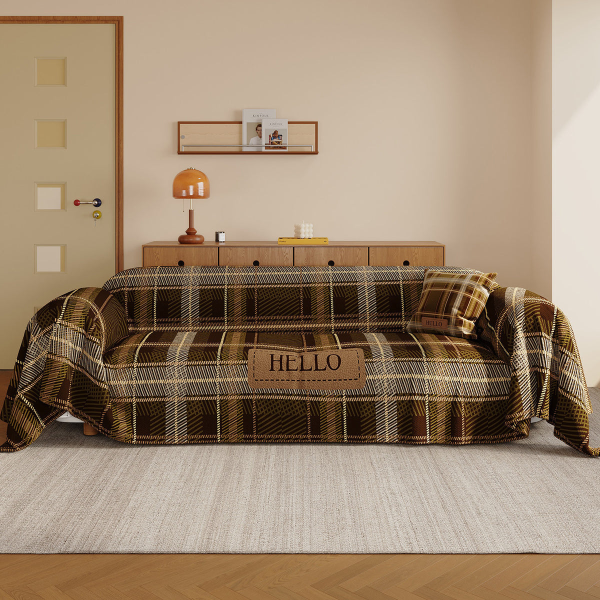 Brushed Microfiber Plaid Sofa Slipcover Throw with Bunny Appliqué and Removable Cushion Cover