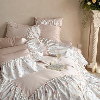 Rüsch Floral Baumwolle Sateen Bettwäsche Set mit Kissenbezügen und Bettrock