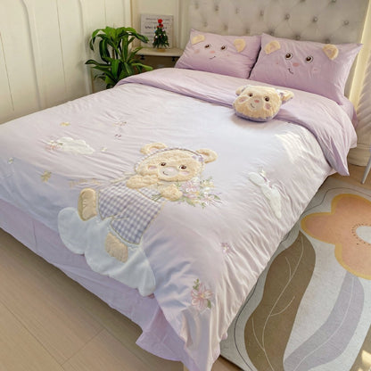 Bestickte Teddy Bettbezug Set mit Plüschapplikation und Karoborte