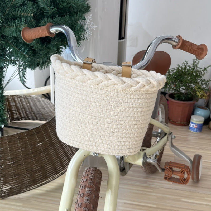 geflochtenes Seil Fahrradkorb mit Pompon-Verzierungen und Lederlenker-Riemen Brehn