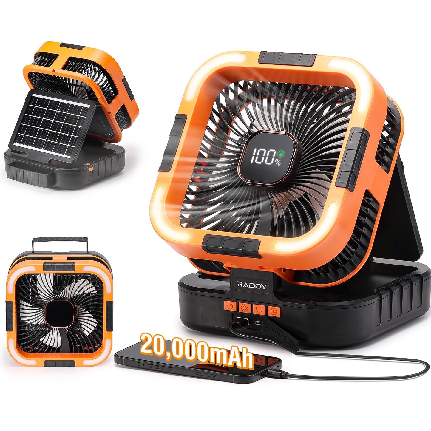 Unisex Tragbarer Campingventilator mit LED-Beleuchtung und Solar-USB-Ladefunktion Brehn