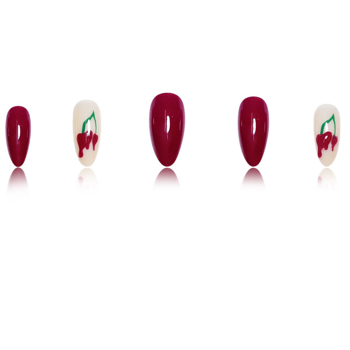 Künstlerische Press-On-Nagelerweiterungen mit Kirschdesign Brehn