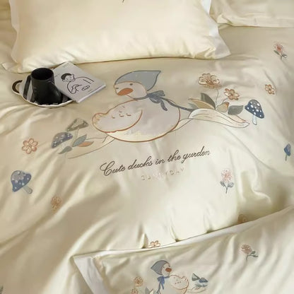 Satin-Feeling Bestickte Entenmotiv Bettwäsche Set mit Blumenakzenten