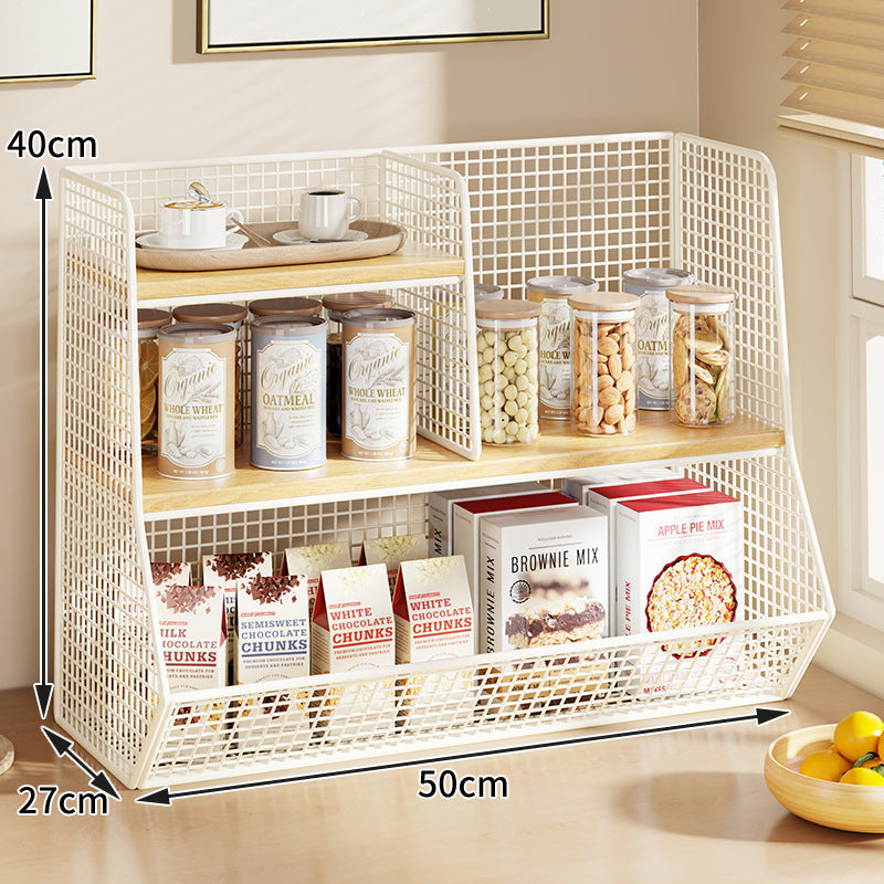 Multi-Ebenen Drahtgitter Arbeitsplatten Vorratsraum Organizer mit Holzregalen und Korb